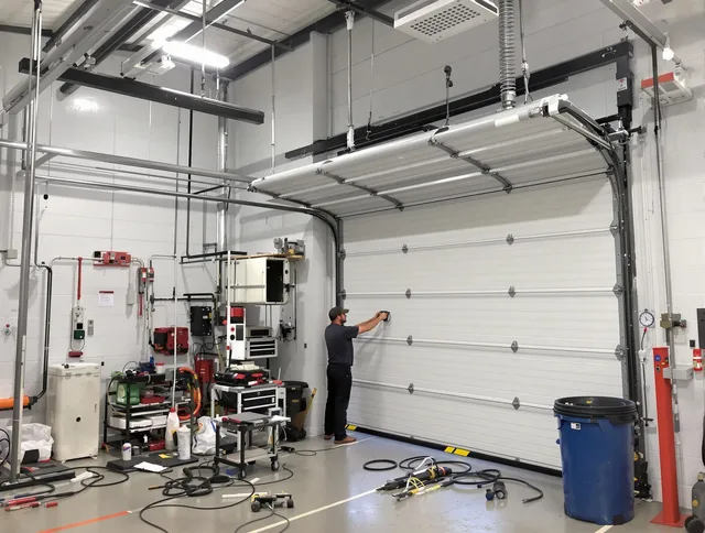 St. Cloud Garage Door Repair certified technician performing commercial door repair at a St. Cloud business facility