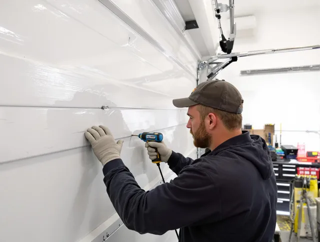 St. Cloud Garage Door Repair technician demonstrating precision dent removal techniques on a St. Cloud garage door